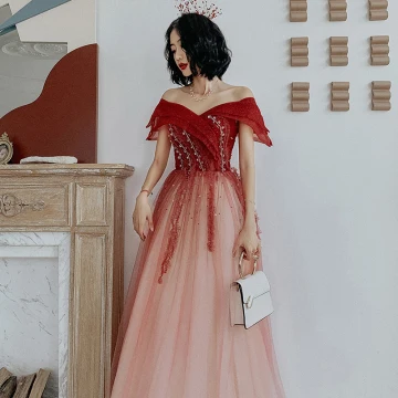 Chic Beautiful Burgundy Gradient Color Prom Dresses 2021 A Line Princess Off The Shoulder Long Sleeve Beading Sequins Glitter Tulle Sweep Train Ruffle Backless Formal Dresses