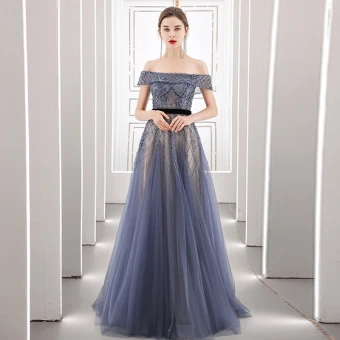 Haut De Gamme Bleu Marine Dansant Robe De Bal 2021 Princesse Transparentes De L 039 Épaule Manches Courtes Perlage Ceinture Longue Volants Dos Nu Robe De Ceremonie