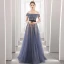 High-end Navy Blue Dancing Prom Dresses 2021 A-Line / Princess See-through Off-The-Shoulder Short Sleeve Beading Sash Floor-Length / Long Ruffle Backless Formal Dresses