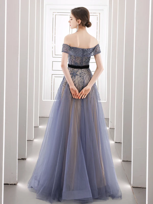 High-end Navy Blue Dancing Prom Dresses 2021 A-Line / Princess See-through Off-The-Shoulder Short Sleeve Beading Sash Floor-Length / Long Ruffle Backless Formal Dresses