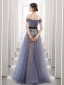 High-end Navy Blue Dancing Prom Dresses 2021 A-Line / Princess See-through Off-The-Shoulder Short Sleeve Beading Sash Floor-Length / Long Ruffle Backless Formal Dresses