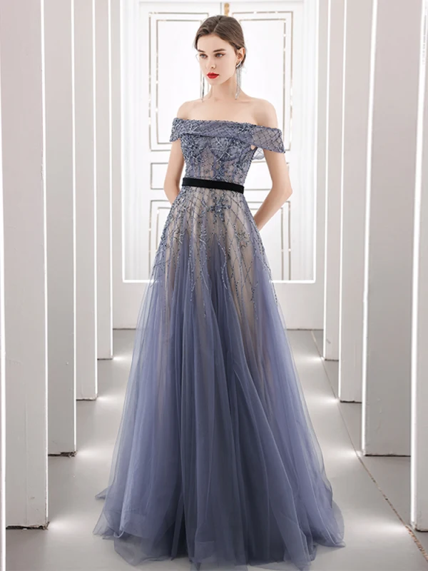 High-end Navy Blue Dancing Prom Dresses 2021 A-Line / Princess See-through Off-The-Shoulder Short Sleeve Beading Sash Floor-Length / Long Ruffle Backless Formal Dresses