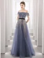 High-end Navy Blue Dancing Prom Dresses 2021 A-Line / Princess See-through Off-The-Shoulder Short Sleeve Beading Sash Floor-Length / Long Ruffle Backless Formal Dresses