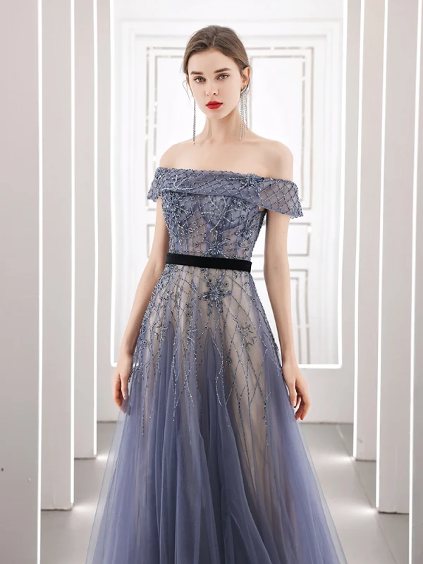 High-end Navy Blue Dancing Prom Dresses 2021 A-Line / Princess See-through Off-The-Shoulder Short Sleeve Beading Sash Floor-Length / Long Ruffle Backless Formal Dresses