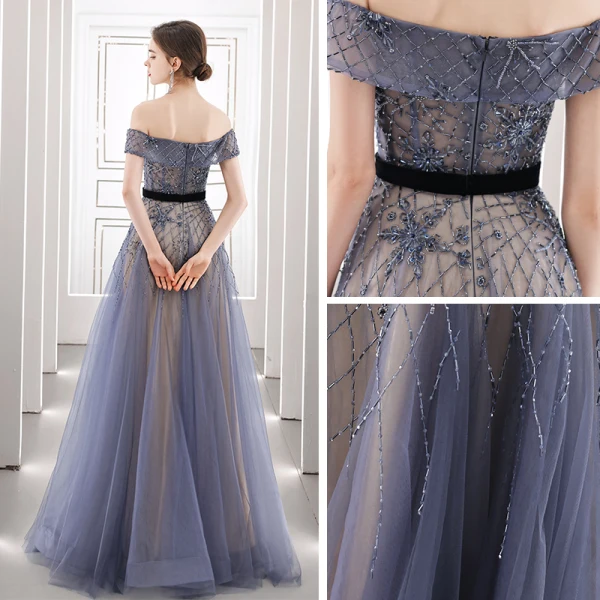 High-end Navy Blue Dancing Prom Dresses 2021 A-Line / Princess See-through Off-The-Shoulder Short Sleeve Beading Sash Floor-Length / Long Ruffle Backless Formal Dresses