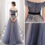 High-end Navy Blue Dancing Prom Dresses 2021 A-Line / Princess See-through Off-The-Shoulder Short Sleeve Beading Sash Floor-Length / Long Ruffle Backless Formal Dresses