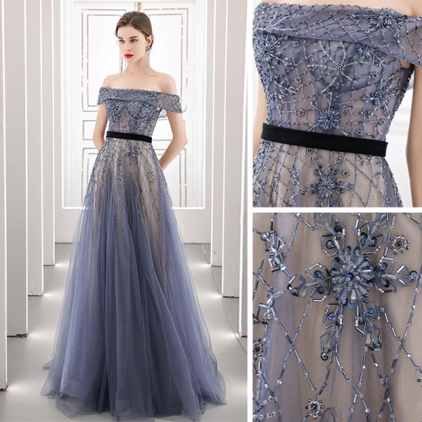 High-end Navy Blue Dancing Prom Dresses 2021 A-Line / Princess See-through Off-The-Shoulder Short Sleeve Beading Sash Floor-Length / Long Ruffle Backless Formal Dresses