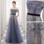 High-end Navy Blue Dancing Prom Dresses 2021 A-Line / Princess See-through Off-The-Shoulder Short Sleeve Beading Sash Floor-Length / Long Ruffle Backless Formal Dresses