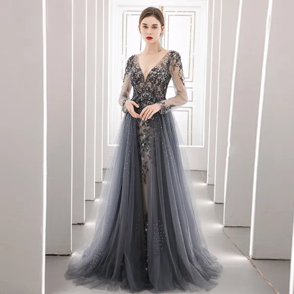 Illusion Grey Handmade  Prom Dresses 2021 A-Line / Princess See-through Deep V-Neck Long Sleeve Beading Rhinestone Sequins Sweep Train Ruffle Formal Dresses