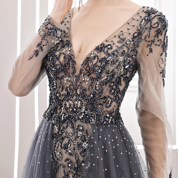 Illusion Grey Handmade Prom Dresses 2021 A-Line Princess See-through Deep V-Neck Long