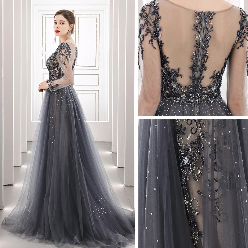 Illusion Grey Handmade Prom Dresses 2021 A Line Princess See Through Deep V  Neck Long Sleeve Beading Rhinestone Sequins Sweep Train Ruffle Formal  Dresses