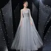 High-end Grey Handmade  Prom Dresses 2021 A-Line / Princess See-through Square Neckline Sleeveless Beading Sequins Rhinestone Watteau Train Ruffle Formal Dresses