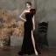 Haut de Gamme Bordeaux Velour Robe De Soirée 2021 Trompette / Sirène Une épaule Sans Manches Fendue devant Train De Balayage Volants Dos Nu Robe De Ceremonie