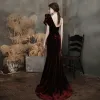 High-end Burgundy Velour Evening Dresses  2021 Trumpet / Mermaid One-Shoulder Sleeveless Split Front Sweep Train Ruffle Backless Formal Dresses