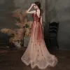 High-end Burgundy Gradient-Color Prom Dresses 2021 A-Line / Princess Spaghetti Straps Sleeveless Beading Sequins Sash Sweep Train Ruffle Backless Formal Dresses