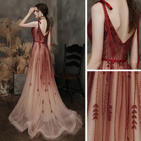 Haut de Gamme Bordeaux Dégradé De Couleur Robe De Bal 2021 Princesse Bretelles Spaghetti Sans Manches Perlage Paillettes Ceinture Train De Balayage Volants Dos Nu Robe De Ceremonie