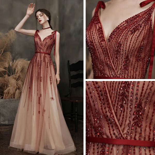Haut de Gamme Bordeaux Dégradé De Couleur Robe De Bal 2021 Princesse Bretelles Spaghetti Sans Manches Perlage Paillettes Ceinture Train De Balayage Volants Dos Nu Robe De Ceremonie