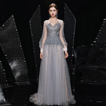 High End Grey Handmade Prom Dresses 2021 V Neck A Line Princess See Through Puffy Long Sleeve Beading Sequins Sweep Train Ruffle Backless Formal Dresses