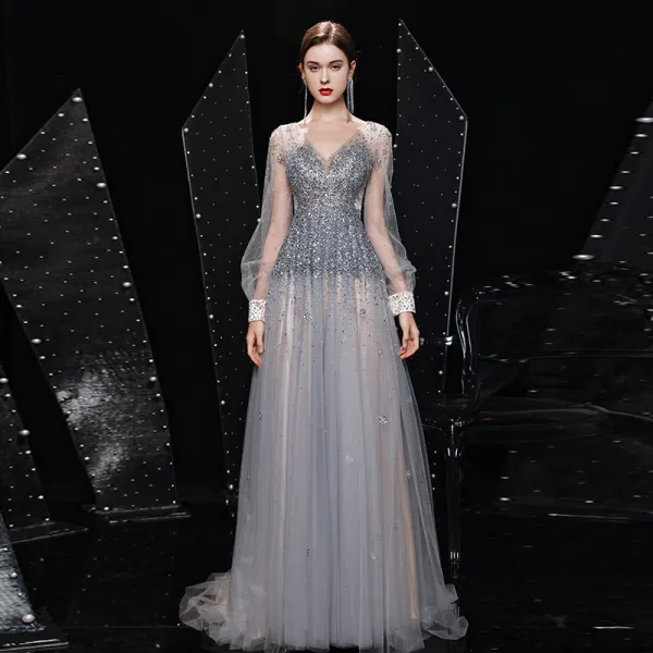 High-end Grey Handmade  Prom Dresses 2021 V-Neck A-Line / Princess See-through Puffy Long Sleeve Beading Sequins Sweep Train Ruffle Backless Formal Dresses