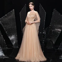 Wysokiej Klasy Złote Sukienki Na Bal 2021 Princessa Przezroczyste Kwadratowy Dekolt Długie Rękawy Wykonany Ręcznie Frezowanie Cekiny Trenem Sweep Wzburzyć Sukienki Wizytowe