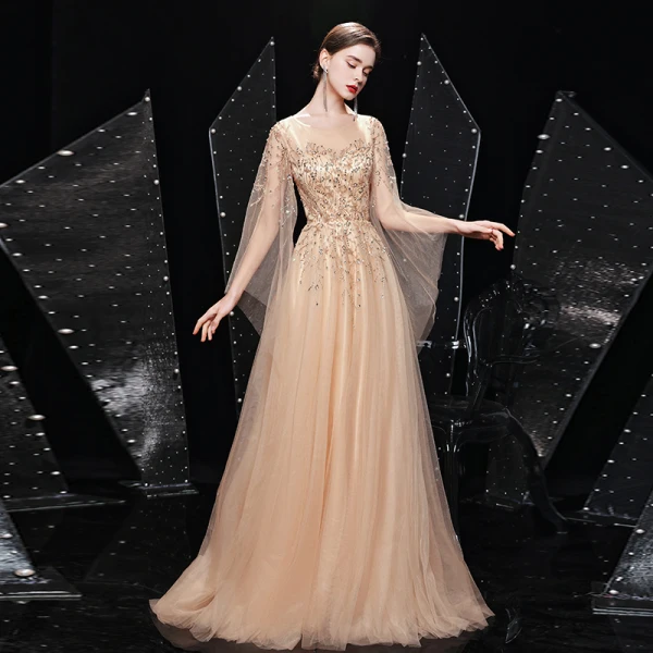 High-end Gold Prom Dresses 2021 A-Line / Princess See-through Square Neckline Long Sleeve Handmade  Beading Sequins Sweep Train Ruffle Formal Dresses