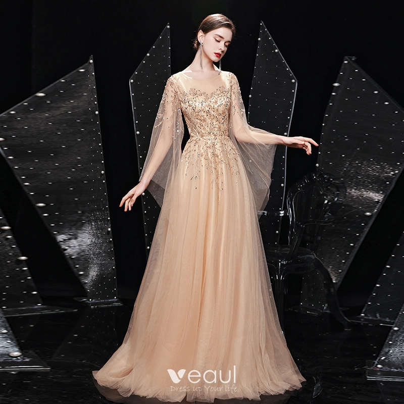 High End Gold Prom Dresses 2021 A Line Princess See Through Square Neckline  Long Sleeve Handmade Beading Sequins Sweep Train Ruffle Formal Dresses