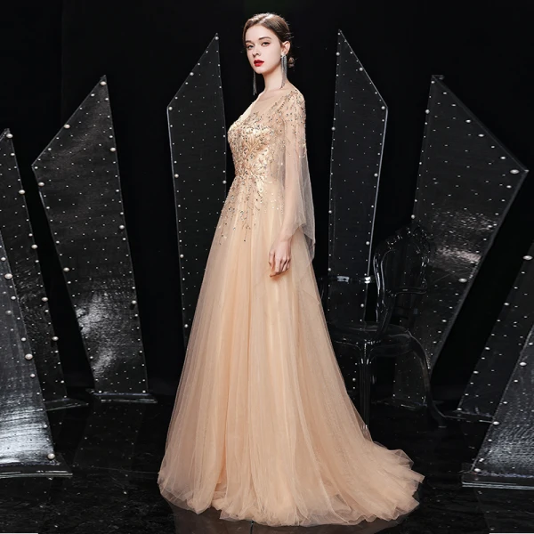 High-end Gold Prom Dresses 2021 A-Line / Princess See-through Square Neckline Long Sleeve Handmade  Beading Sequins Sweep Train Ruffle Formal Dresses