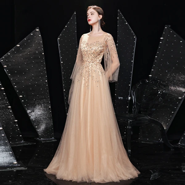 High-end Gold Prom Dresses 2021 A-Line / Princess See-through Square Neckline Long Sleeve Handmade  Beading Sequins Sweep Train Ruffle Formal Dresses