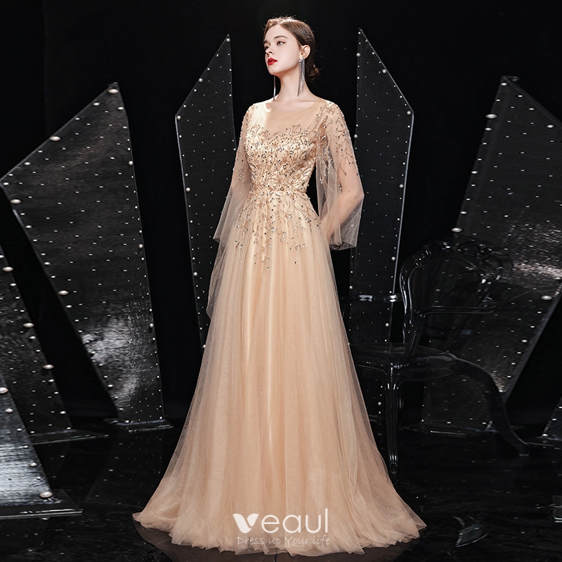 High End Gold Prom Dresses 2021 A Line Princess See Through Square Neckline  Long Sleeve Handmade Beading Sequins Sweep Train Ruffle Formal Dresses