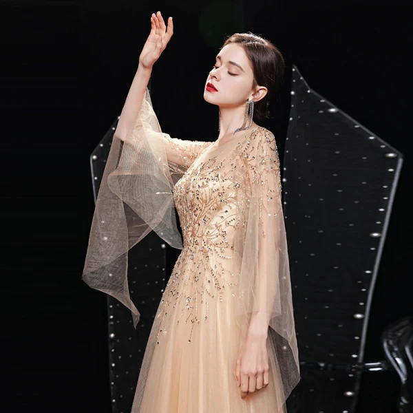 High-end Gold Prom Dresses 2021 A-Line / Princess See-through Square Neckline Long Sleeve Handmade  Beading Sequins Sweep Train Ruffle Formal Dresses