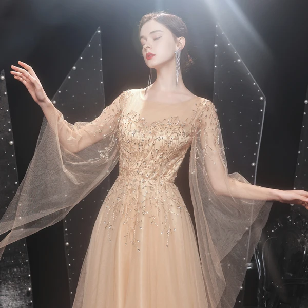 High-end Gold Prom Dresses 2021 A-Line / Princess See-through Square Neckline Long Sleeve Handmade  Beading Sequins Sweep Train Ruffle Formal Dresses