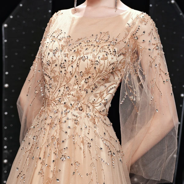 High-end Gold Prom Dresses 2021 A-Line / Princess See-through Square Neckline Long Sleeve Handmade  Beading Sequins Sweep Train Ruffle Formal Dresses