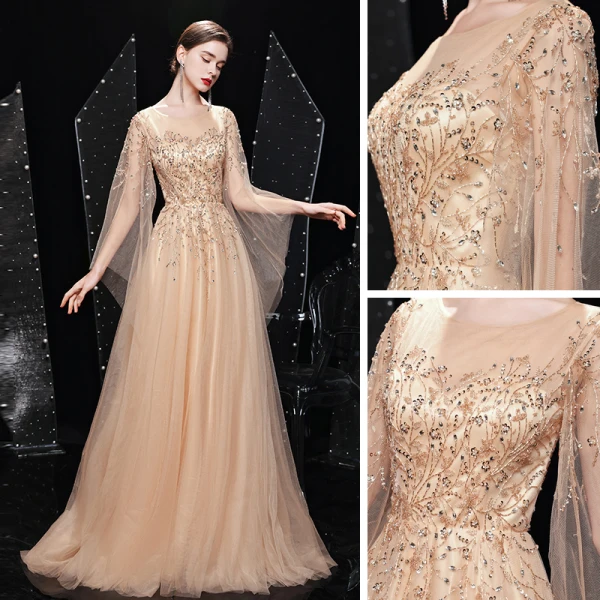 High-end Gold Prom Dresses 2021 A-Line / Princess See-through Square Neckline Long Sleeve Handmade  Beading Sequins Sweep Train Ruffle Formal Dresses