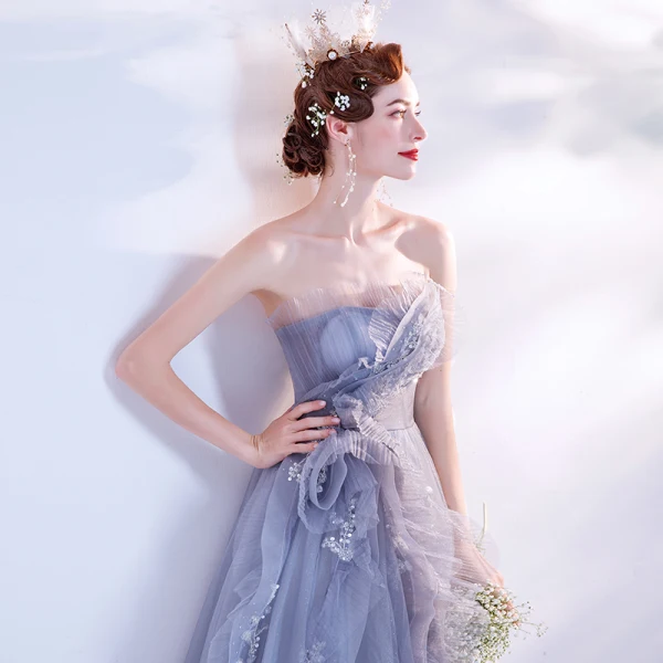 Chic / Beautiful Dancing Grey Prom Dresses 2021 A-Line / Princess Strapless Sleeveless Beading Glitter Tulle Floor-Length / Long Ruffle Backless Formal Dresses