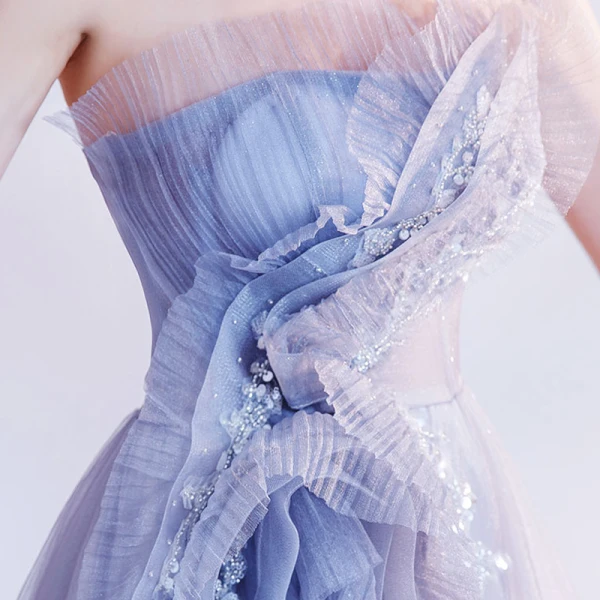 Chic / Beautiful Dancing Grey Prom Dresses 2021 A-Line / Princess Strapless Sleeveless Beading Glitter Tulle Floor-Length / Long Ruffle Backless Formal Dresses