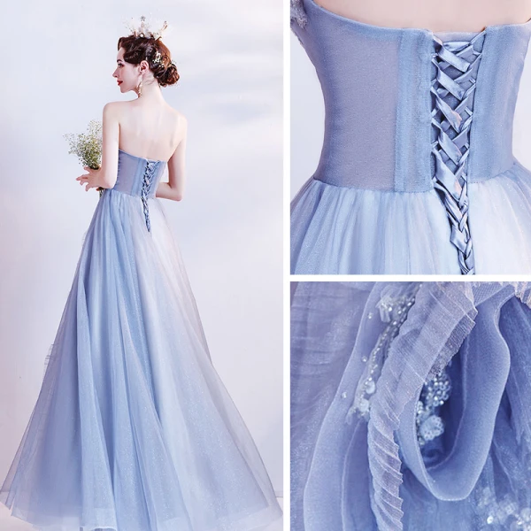 Chic / Beautiful Dancing Grey Prom Dresses 2021 A-Line / Princess Strapless Sleeveless Beading Glitter Tulle Floor-Length / Long Ruffle Backless Formal Dresses