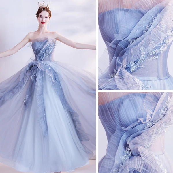 Chic / Beautiful Dancing Grey Prom Dresses 2021 A-Line / Princess Strapless Sleeveless Beading Glitter Tulle Floor-Length / Long Ruffle Backless Formal Dresses