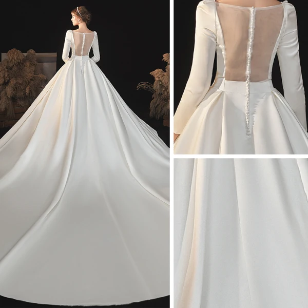 Haut de Gamme Ivoire Satin Transparentes La Mariée Robe De Mariée 2021 Robe Boule Encolure Carrée Manches Longues Cathedral Train Volants