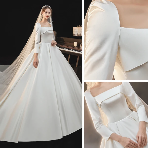 Haut de Gamme Ivoire Satin Transparentes La Mariée Robe De Mariée 2021 Robe Boule Encolure Carrée Manches Longues Cathedral Train Volants