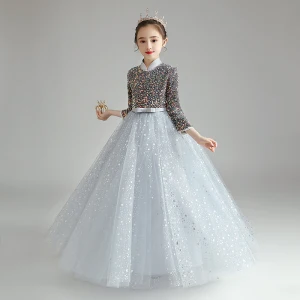 Sparkly Grey Birthday Flower Girl Dresses 2021 Ball Gown High Neck 3 4 Sleeve Bow Sash Star Sequins Floor Length Long Ruffle