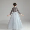 Sparkly Grey Birthday Flower Girl Dresses 2021 Ball Gown High Neck 3/4 Sleeve Bow Sash Star Sequins Floor-Length / Long Ruffle
