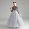 Sparkly Grey Birthday Flower Girl Dresses 2021 Ball Gown High Neck 3/4 Sleeve Bow Sash Star Sequins Floor-Length / Long Ruffle