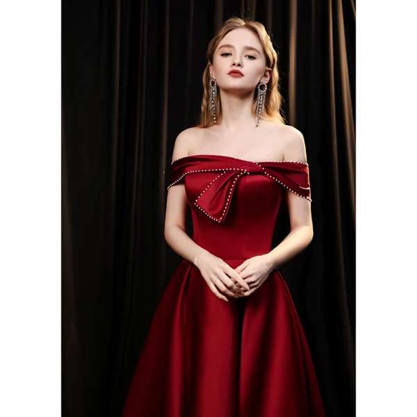 Fashion Burgundy Satin Dancing Prom Dresses 2021 A-Line / Princess Off-The-Shoulder Short Sleeve Beading Pearl Split Front Floor-Length / Long Ruffle Backless Formal Dresses