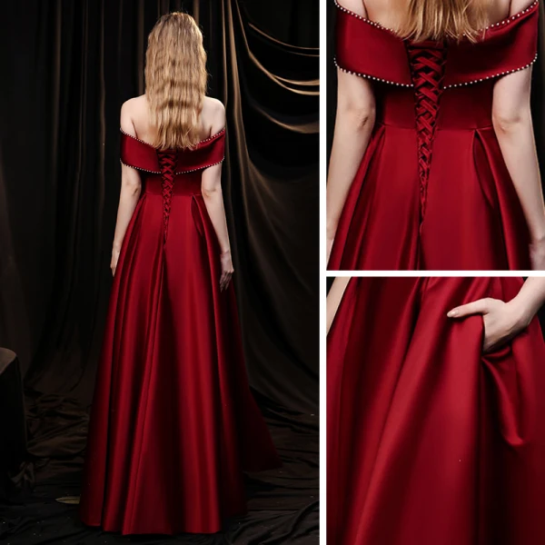 Fashion Burgundy Satin Dancing Prom Dresses 2021 A-Line / Princess Off-The-Shoulder Short Sleeve Beading Pearl Split Front Floor-Length / Long Ruffle Backless Formal Dresses