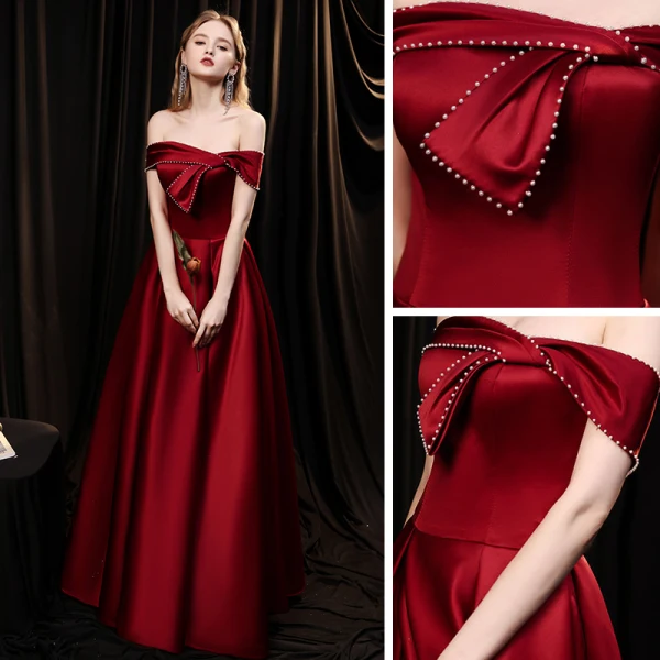 Fashion Burgundy Satin Dancing Prom Dresses 2021 A-Line / Princess Off-The-Shoulder Short Sleeve Beading Pearl Split Front Floor-Length / Long Ruffle Backless Formal Dresses