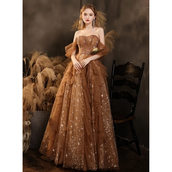 Brown Star Prom Dresses 2021 A-Line / Princess Off-The-Shoulder Short Sleeve Beading Floor-Length / Long Ruffle Backless Formal Dresses