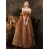 Brown Star Prom Dresses 2021 A-Line / Princess Off-The-Shoulder Short Sleeve Beading Floor-Length / Long Ruffle Backless Formal Dresses
