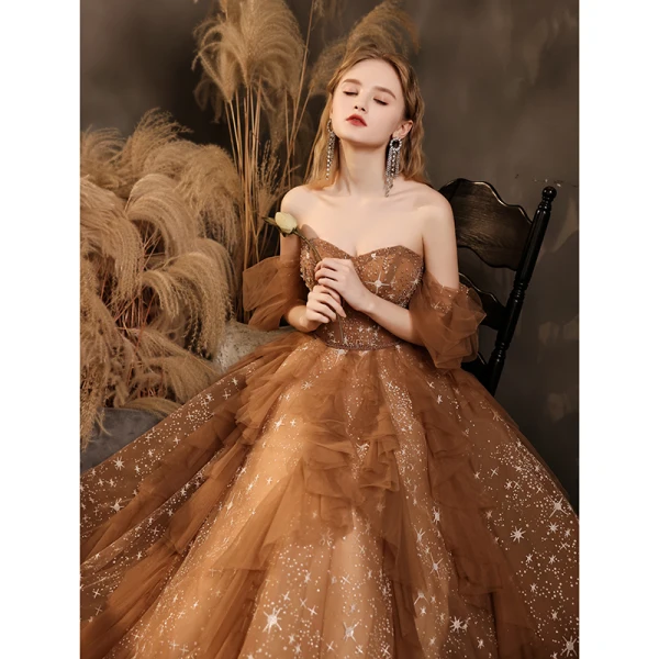Brown Star Prom Dresses 2021 A-Line / Princess Off-The-Shoulder Short Sleeve Beading Floor-Length / Long Ruffle Backless Formal Dresses