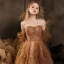 Brown Star Prom Dresses 2021 A-Line / Princess Off-The-Shoulder Short Sleeve Beading Floor-Length / Long Ruffle Backless Formal Dresses