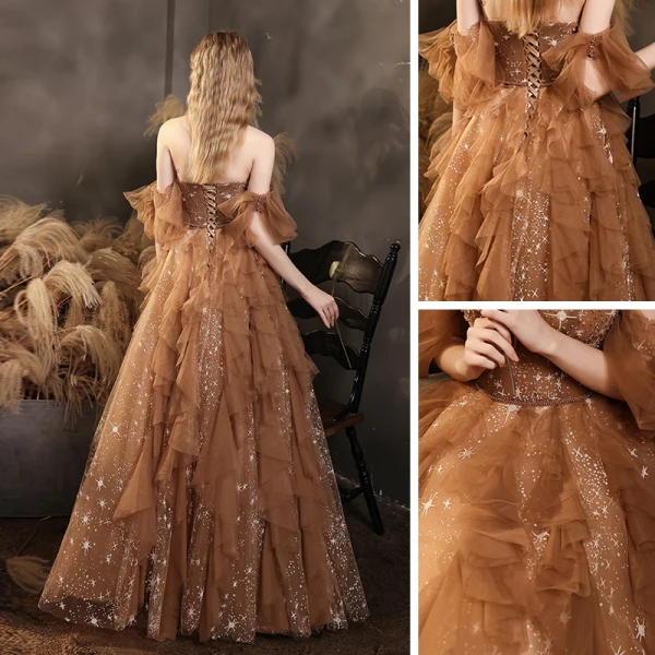 Brown Star Prom Dresses 2021 A-Line / Princess Off-The-Shoulder Short Sleeve Beading Floor-Length / Long Ruffle Backless Formal Dresses